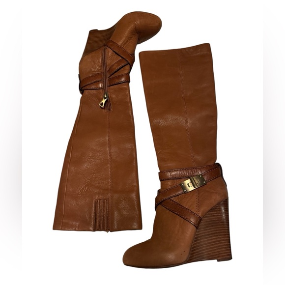 High End BCBG Max Azria Soft Supple Brown Leather Healed Boots Women’s 6.5B - Picture 1 of 11